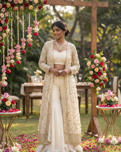 Plazo Set With Cosmos Tissue Silk Cape In White Colour