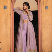 Plazo Set With Cosmos Tissue Silk Cape In Lavender Colour
