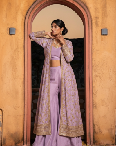 Plazo Set With Cosmos Tissue Silk Cape In Lavender Colour