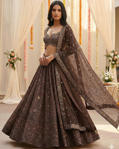 Gold Zari Embroidered Lehenga With Heavy Border In Brown Colour