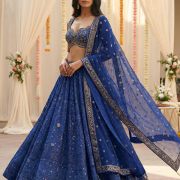 Gold Zari Embroiderd Lehenga With Heavy Border In Royal Blue Colour
