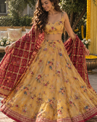 Floral Pure Organza Thread And Sequin Embroidered Lehenga