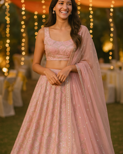 Multicolor Abstract Sequin and Gota Embroidered Lehenga In Light Pink Colour