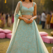 Multicolor Abstract Sequin and Gota Embroidered Lehenga In Sky Blue Colour