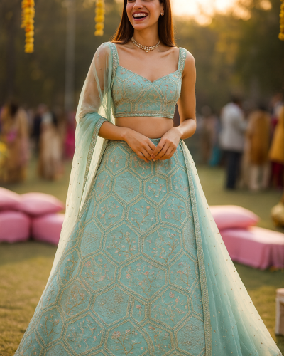 Multicolor Abstract Sequin and Gota Embroidered Lehenga In Sky Blue Colour