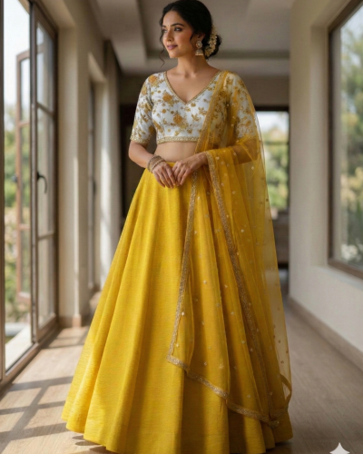 Floral Lehenga With Yellow Shaded Thread Embroidered Blouse