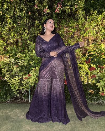 Shimmer Lycra Sharara Saree In Purple Colour