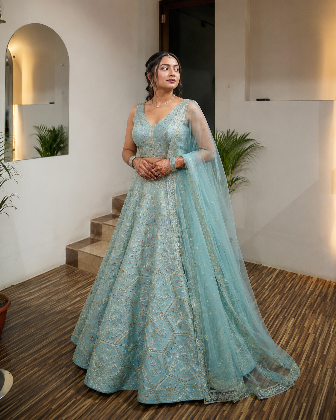 Multicolor Abstract Sequin and Gota Embroidered Lehenga In Sky Blue Colour