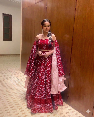 Thread & Sequin Floral embroidered Lehenga In Marron Colour