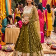 Traditional Indian Printed Silk Lehenga In Olive Gree Colour