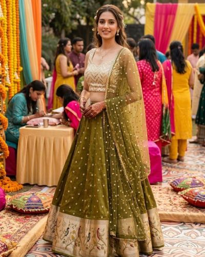 Traditional Indian Printed Silk Lehenga In Olive Gree Colour