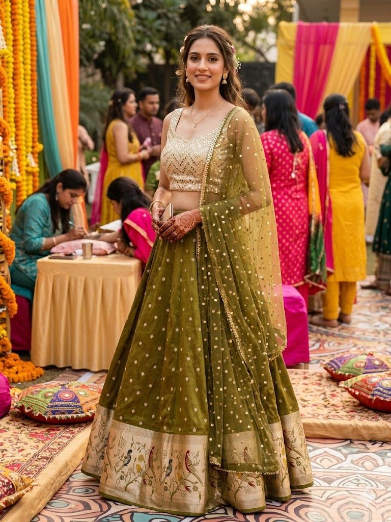 Traditional Indian Printed Silk Lehenga In Olive Gree Colour