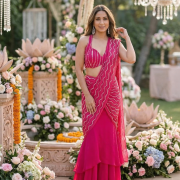 Pre Draped Saree With Pearl Detailing In Pink Colour