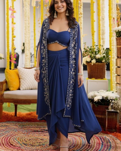 Pure Georgette Cape Dress In Navy Blue Colour