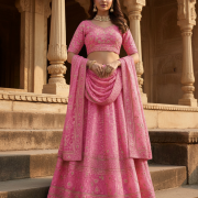 Gold And Zari Embroidered Lehenga In Pink Colour