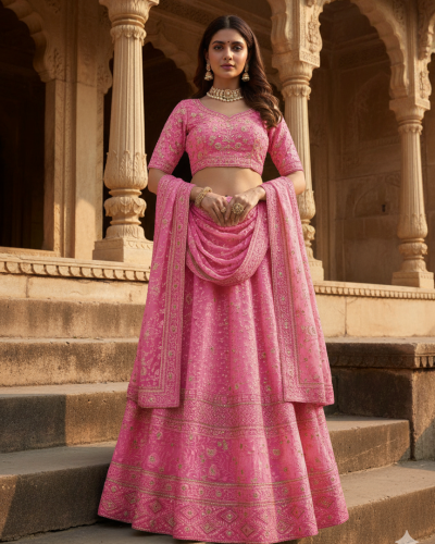 Gold And Zari Embroidered Lehenga In Pink Colour