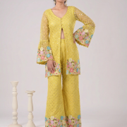 Floral Pattern Thread Embroidery Co-ord Set With Bell Bottam Pants