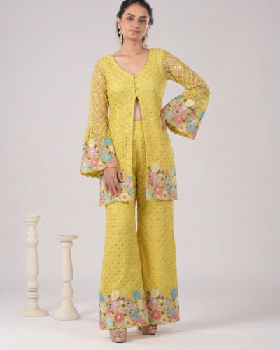 Floral Pattern Thread Embroidery Co-ord Set With Bell Bottam Pants