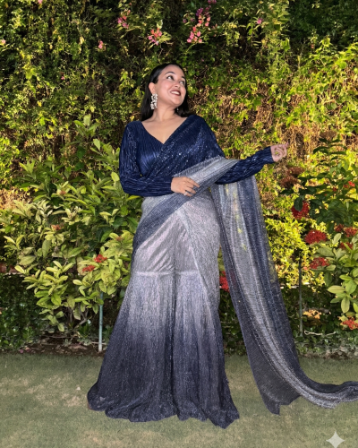 Shimmer Lycra Sharara Saree In Blue Colour