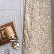 White Floral Thread And Sequin On Beige Big Width Net Fabric