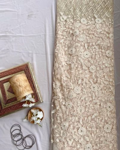 White Floral Thread And Sequin On Beige Big Width Net Fabric