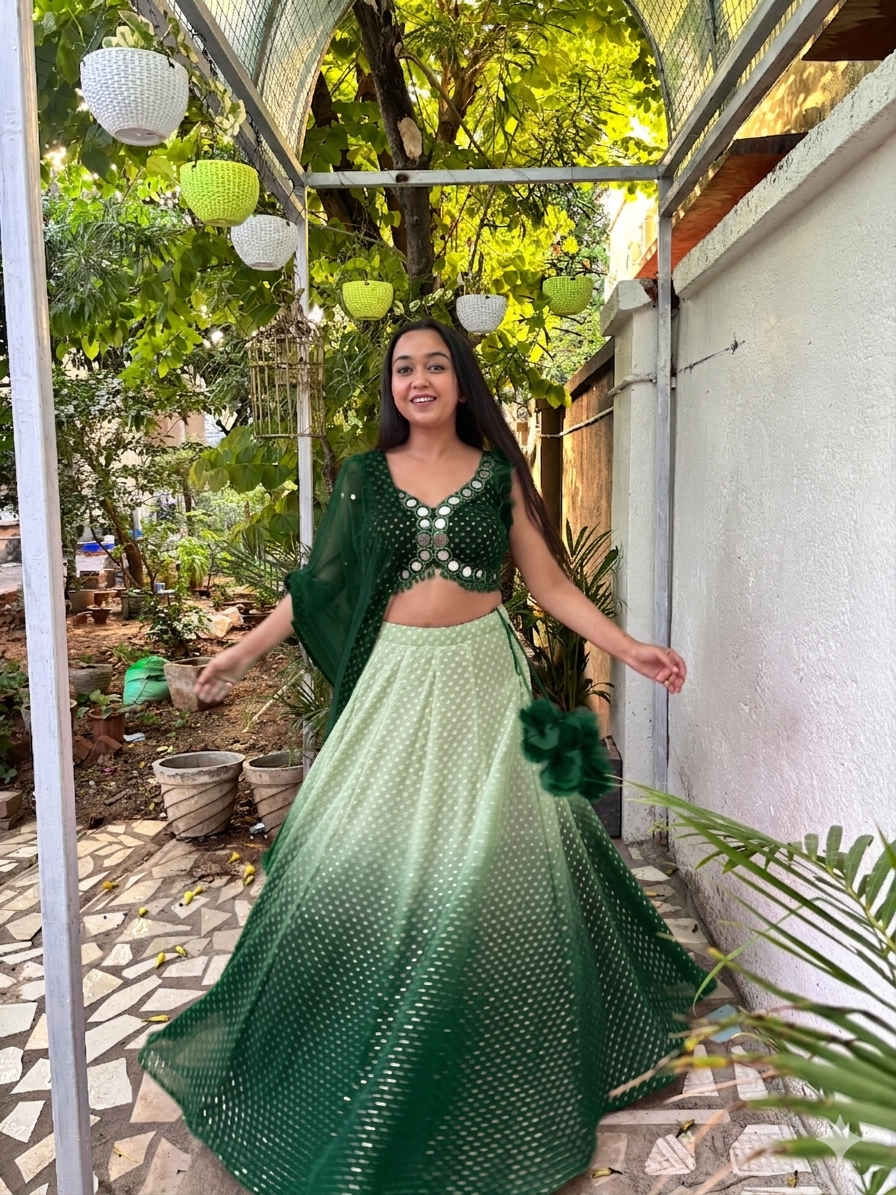 Mirror Ombre Lehenga In Green Colour