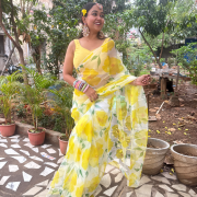 Floral Printed Organza Saree In Yellow Colour