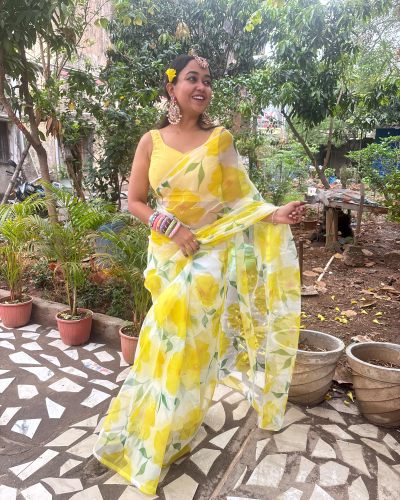 Floral Printed Organza Saree In Yellow Colour