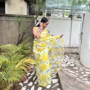 Floral Printed Organza Saree In Yellow Colour