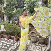 Floral Printed Organza Saree In Yellow Colour