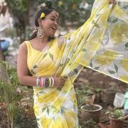 Floral Printed Organza Saree In Yellow Colour