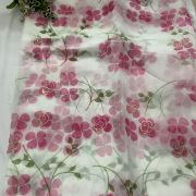 Pink Floral Print With Gold Foil Detailing On White Organza Fabric