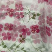 Pink Floral Print With Gold Foil Detailing On White Organza Fabric