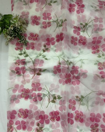 Pink Floral Print With Gold Foil Detailing On White Organza Fabric