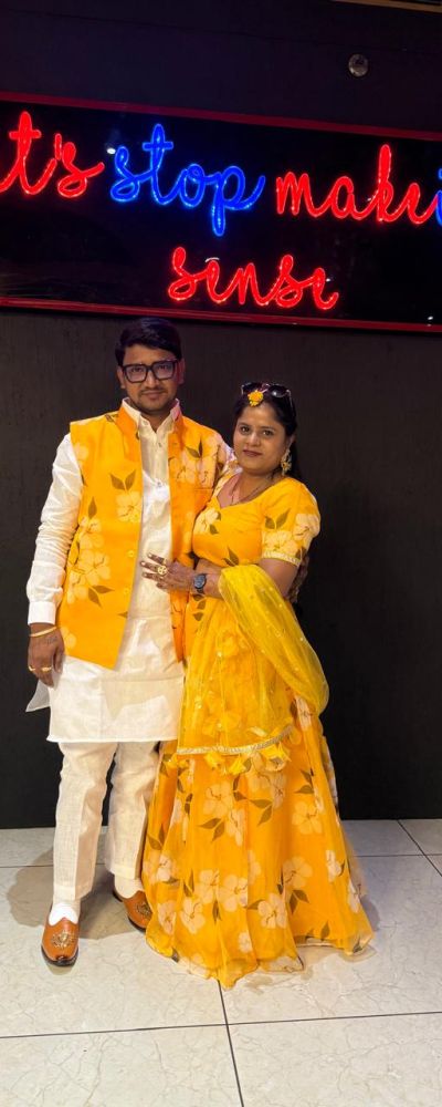 Floral Printed Haldi Couple Outfit In Yellow Colour