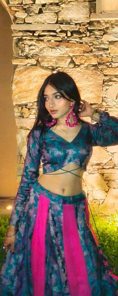 Banarasi Lehenga In Teal Blue And Pink Colour