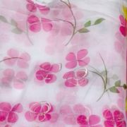 Pink Floral Print With Gold Foil Detailing On White Organza Fabric