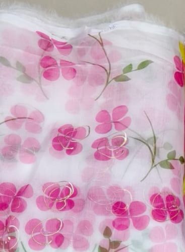Pink Floral Print With Gold Foil Detailing On White Organza Fabric