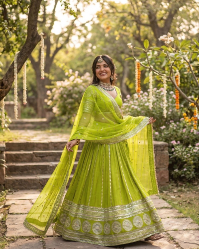 Maharani Lehenga In Neon Green Colour