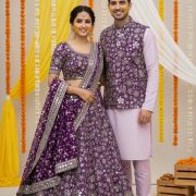 Mirror Embroidered Couple Outfit In Purple Colour