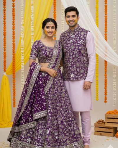 Mirror Embroidered Couple Outfit In Purple Colour