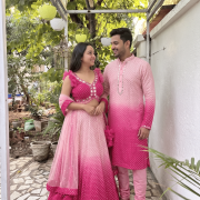 Faux Mirror Ombre Georgette Couple Outfit In Pink Colour