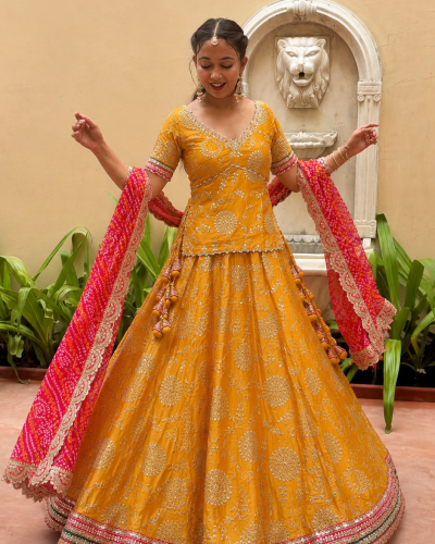Pure Chinon Doriya And Zari Embroidered Lehenga With Handmade Rai Bandhej Dupatta