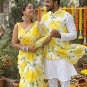 Floral Printed Organza Couple Outfit In Yellow Colour
