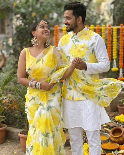 Floral Printed Organza Couple Outfit In Yellow Colour