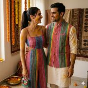 Leheriya Couple Outfit In Multicolour