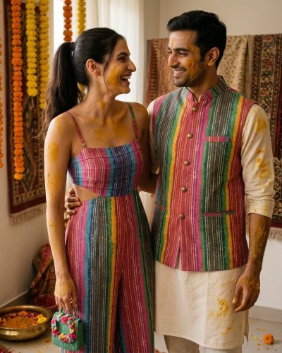 Leheriya Couple Outfit In Multicolour
