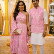 White Thread & Sequin Embroidered Couple Outfit In Baby Pink Colour