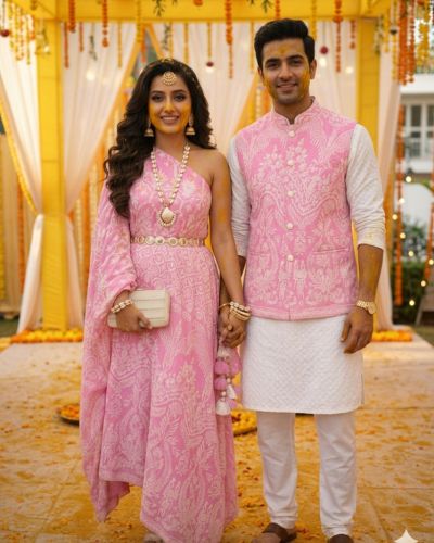 White Thread & Sequin Embroidered Couple Outfit In Baby Pink Colour