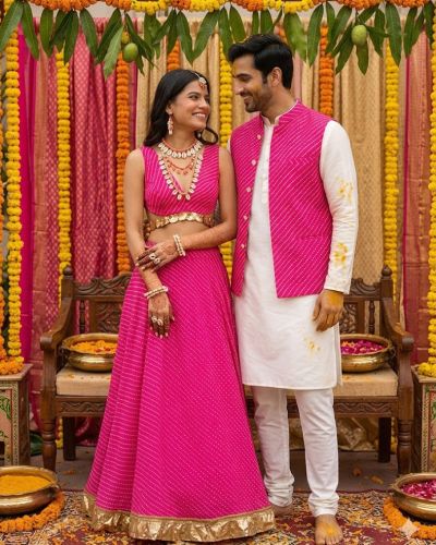 Leheriya Couple Outfit In Pink Colour
